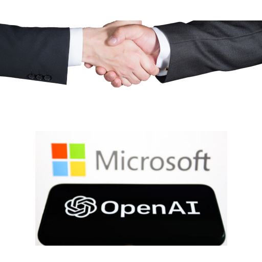 Two people shaking hands in front of a logo of OpenAI